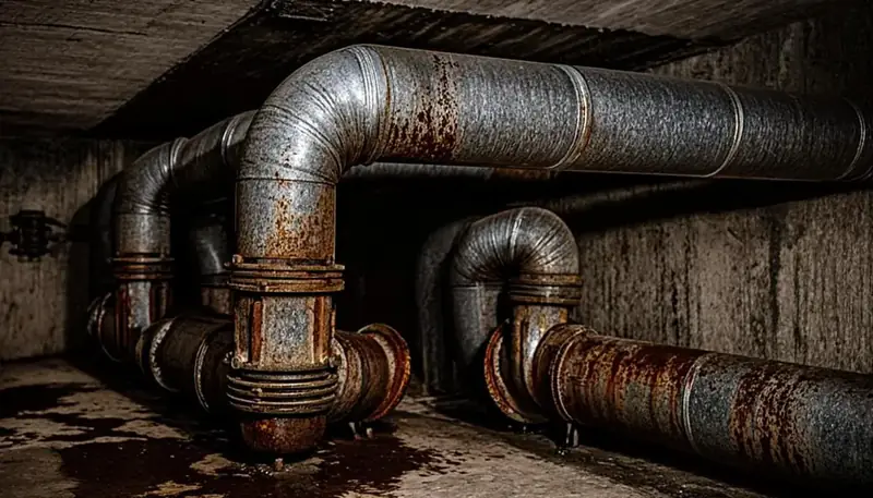 Corroded 1970s drain and supply piping in a Metro Vancouver home before renewal