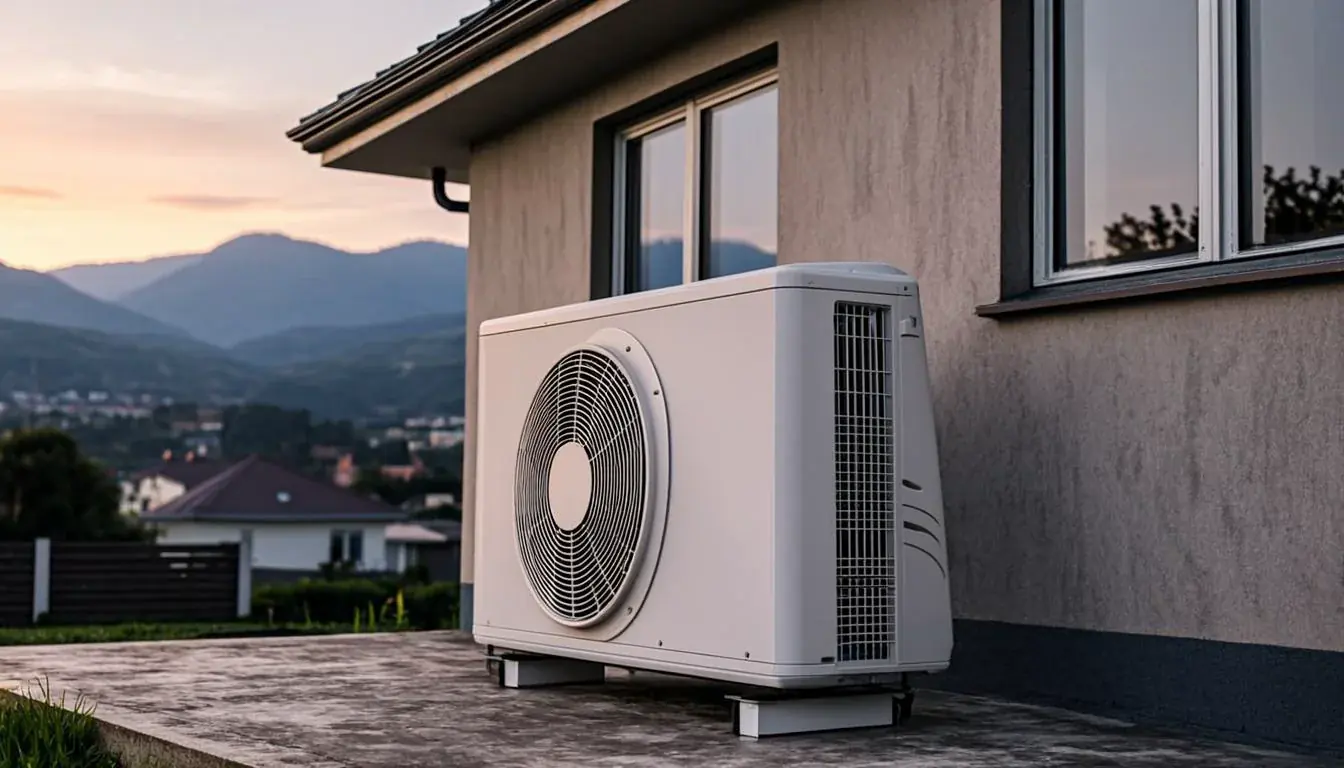 Outdoor air conditioning condenser on a patio beside a modern Metro Vancouver home with mountains behind