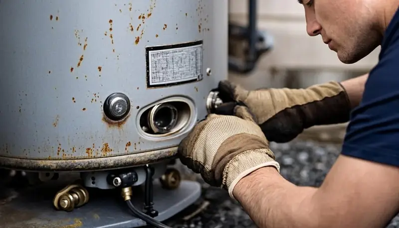 Homeowner hosing cottonwood debris out of a central air conditioner condenser coil on a Metro Vancouver side yard in spring