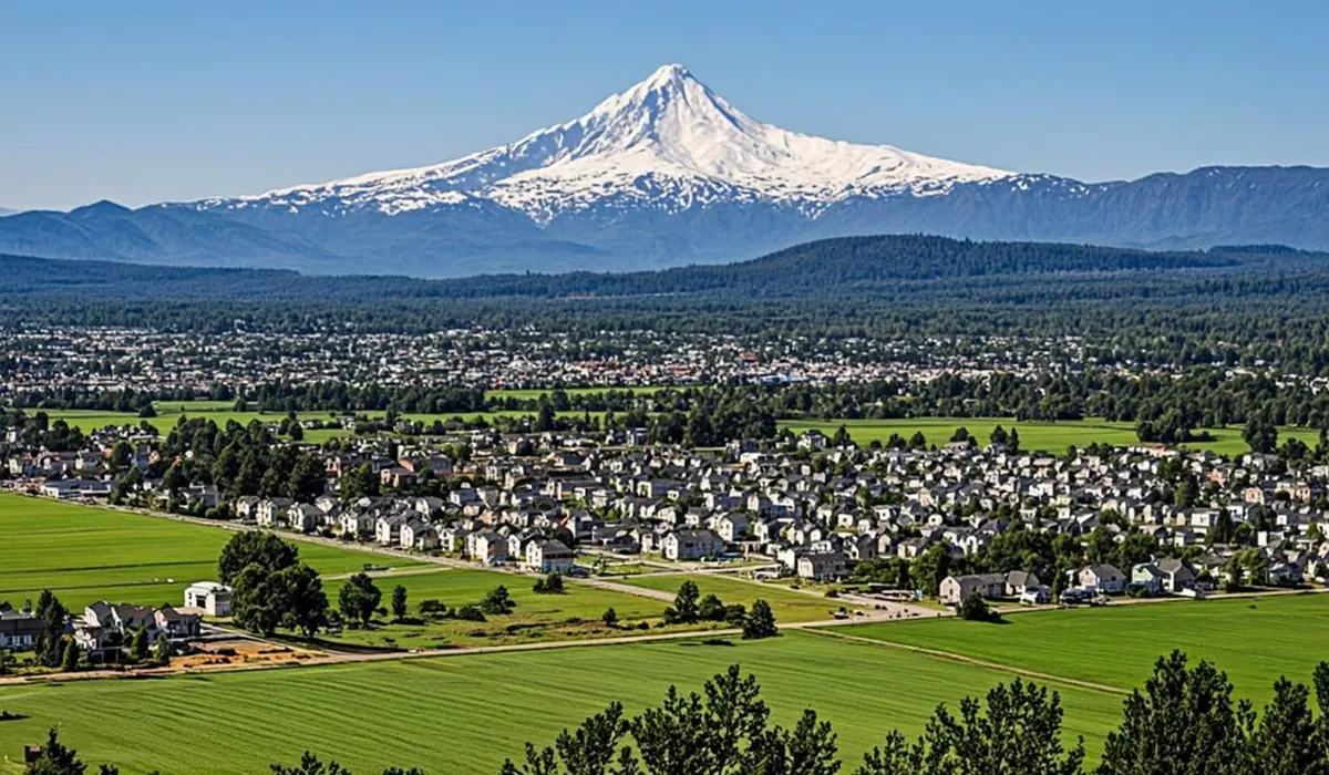 Abbotsford BC farmland and city with Mount Baker backdrop where BC Home Service provides plumbing services