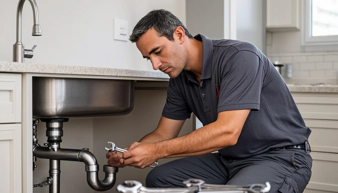 Licensed BC Home Service plumber working on pipes in a Delta BC home